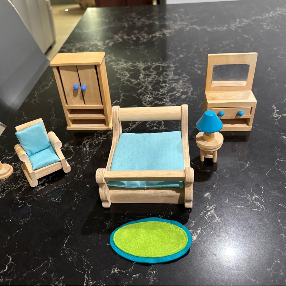 Hearthsong Wooden Master Bedroom Dollhouse Furniture Set with Blue Accents